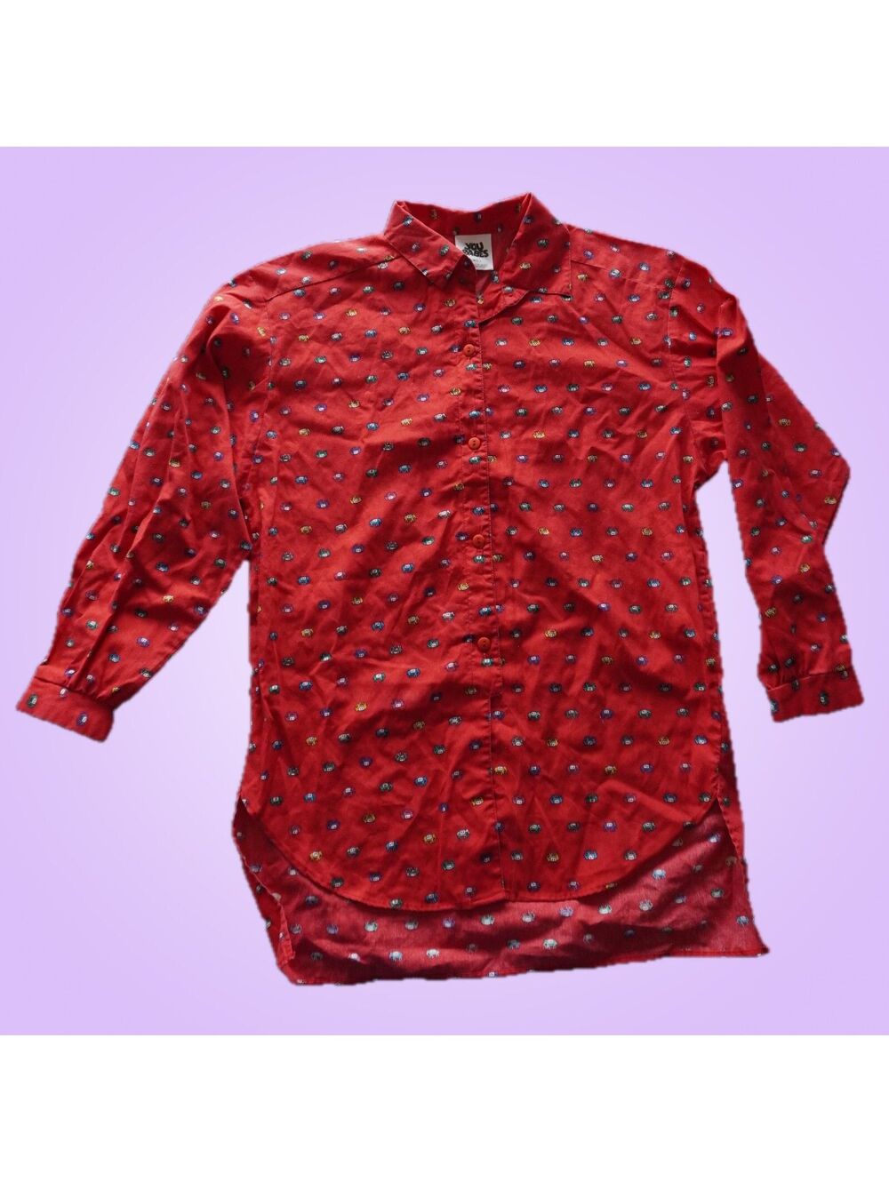 Vintage You Babes Womens Small Red Elephant All Over Print Long Sleeve Shirt
